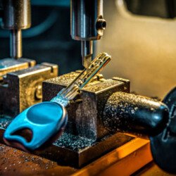 Professional key duplicate machine makes new key copy. Locksmith theme. Industrial theme