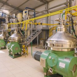 A room with plant equipment for the production of sunflower oil.